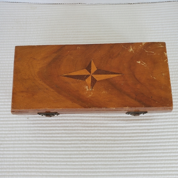 Star Inlay Wooden Box Hinged Lid 9.5" Handmade Red Velvet Lined Jewelry Trinket - Picture 5 of 13